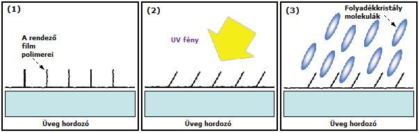 (1) Rendező filmként speciális a Sharp által kifejlesztett anyaggal bevont üveg hordozó_BR_(2) A  polimerek a rendező filmben az UV fény irányába rendeződnek_BR_(3) A folyadékkristály molekulák a rendező film polimerei irányába rendeződnek