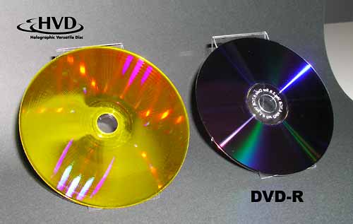 A filmet tároló HVD kepalairas=A Holographic Versatile Disc (HVD) amire a digitális mozit rögzítették (balra)._BR_A lemez átmérője 12 cm, megegyezik a CD és DVD-vel.